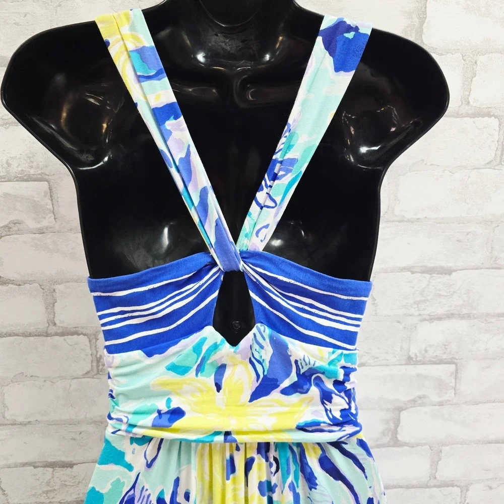 Lilly Pulitzer XS Blue White Striped Floral Tropical V-Neck Cross Back Dress - Picture 8 of 11